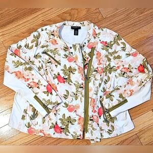 Lane Bryant Floral Motorcycle Jacket, Sz 28 Olive, pink, and cream